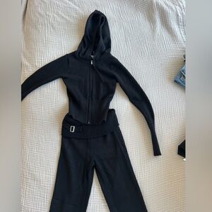 Frankie’s Bikinis Black Ribbed Knit Hoodie and Pants Set